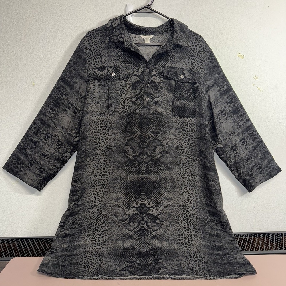 Women's Gray Snakeskin Leopard Print Shirt Dress‎ XL Button Front Long Sleeve